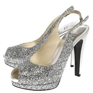 Stuart Weitzman Silver Glitter Peep Toe Sling Backs Platforms- 8.5